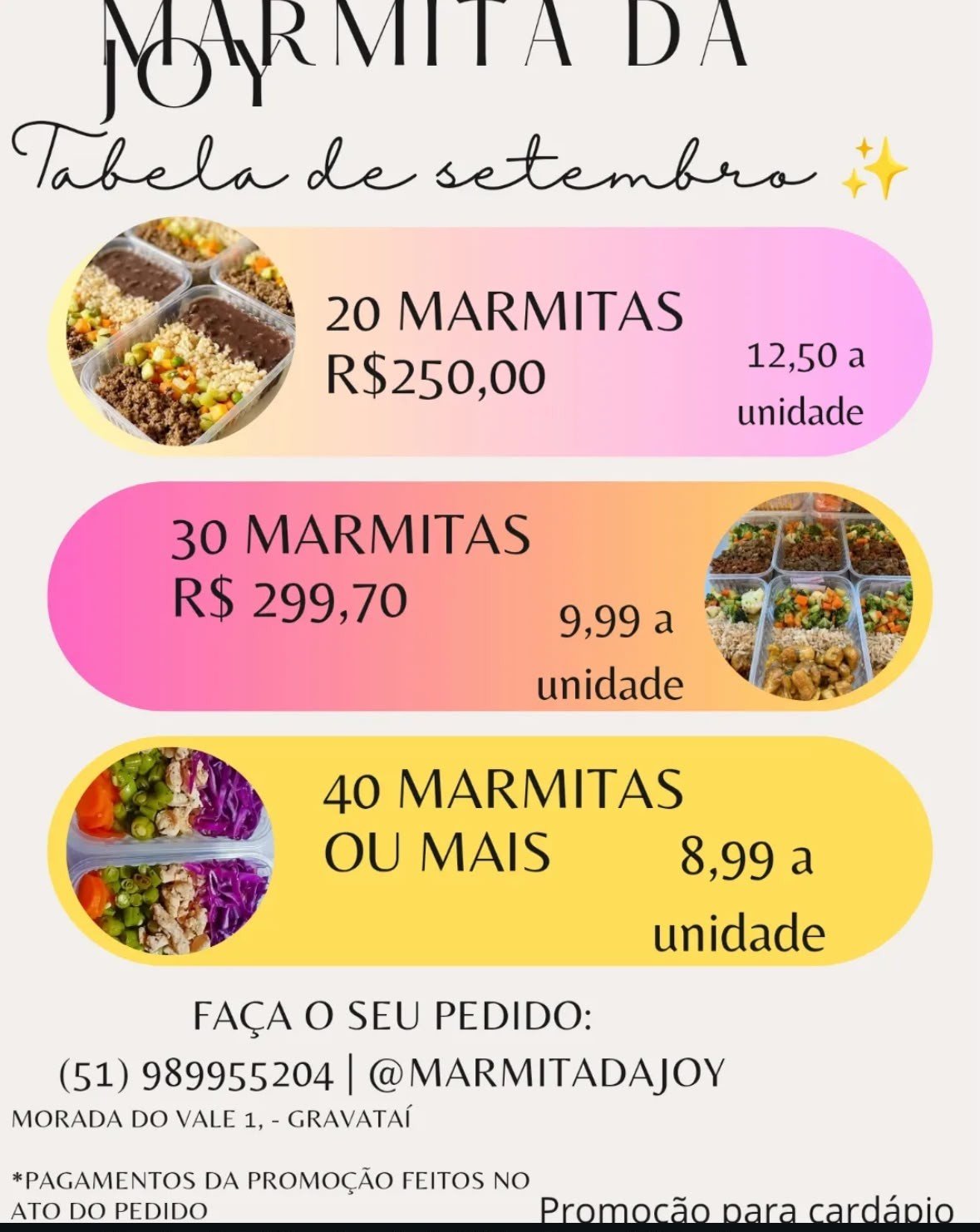 Tabela institucional de promoções de marmitas